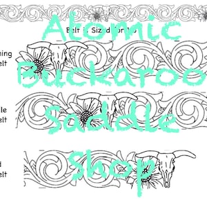 May include: Black and white line art design of a floral pattern with a skull and crossbones motif. The design is labeled "Atomic Belt Size" and "Buckaroo Saddle Shop".