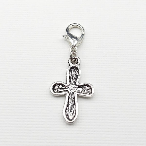 Cross Zipper Pull, Inspirational Metal Clip Charm, Silver Fashion Accessory, Clothing Clip, Add On Charm, Small Gift, Keychain Charm Jewelry