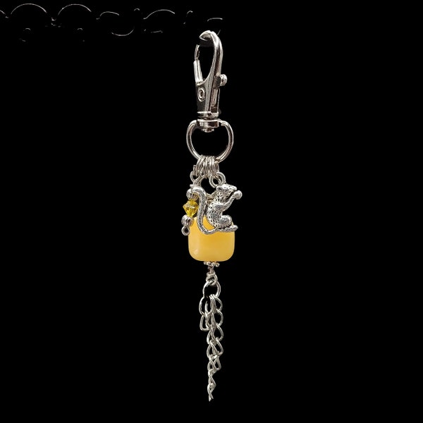 SQUIRREL Purse Charm, Stone Charm, Silver Metal Bag Accessory, Small Gift, Sparkling Purse Jewelry, Yellow Purse Decor, Clip On Charm