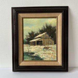 Vintage Oil Painting Barn Landscape Winter