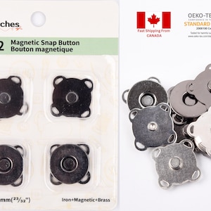 May include: Two sets of magnetic snap buttons, each set consisting of two square-shaped buttons with four prongs. The buttons are silver-toned and have a black center. The buttons are displayed on a white card with the text "Magnetic Snap Button" and "Bouton magnetique". The card also includes the text "Size/Taille-18mm(23/32") and "Iron+Magnetic+Brass".