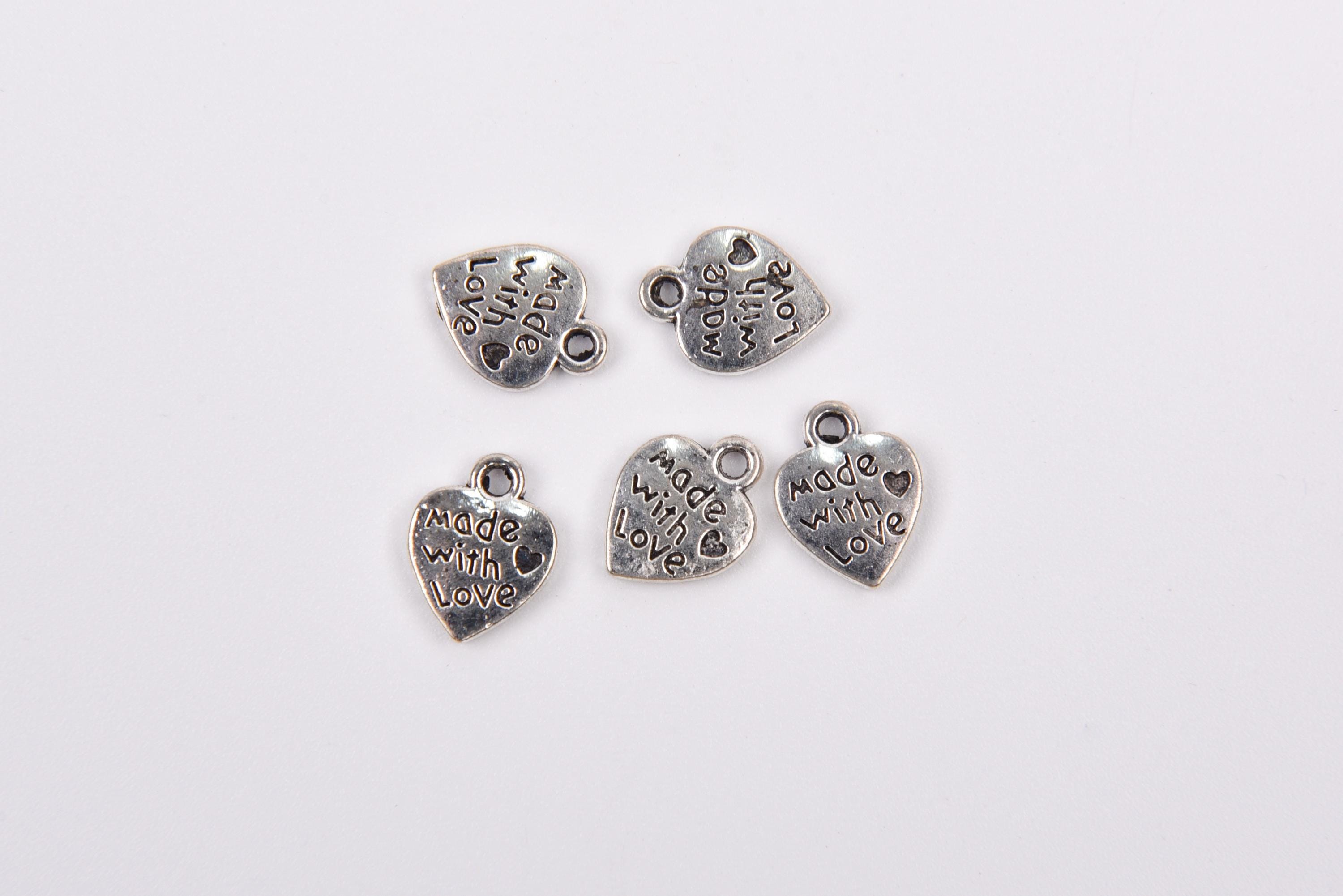 60 Breloques Cœur Argent Antique - Gravure "Made With Love" - Pour Bijoux DIY - 12x10 Mm