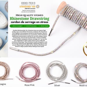 May include: Four colors of rhinestone drawstring shoelaces. The laces are 140 cm long and 3 mm thick. The laces are made of high-quality ropes and artificial rhinestones. The rhinestones are tightly set on the shoelaces and will not fall off easily. The laces are equipped with metal heads for convenience. The laces are available in champagne, rose pink, silver, and multi-color.
