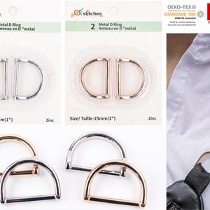 May include: Two packs of metal D rings, each pack containing two rings. The rings are 1 inch in diameter and are available in silver and gold.