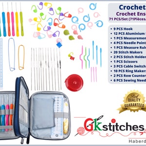 Puede incluir: Un completo juego de ganchillo con 71 piezas, que incluye ganchos, ganchos de aluminio, marcadores de punto y una cinta métrica. El juego incluye una variedad de ganchos de ganchillo y accesorios coloridos, todos cuidadosamente organizados en un estuche azul con cremallera. El texto en la imagen dice "Crochet Set".