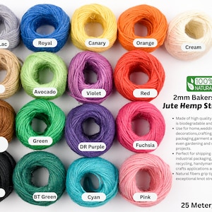 May include: Assortment of 2mm bakers twine in various colours, including black, green, blue, red, orange, purple, brown, and cream. The twine is made of natural jute and hemp, and is 25 metres per roll. 100% Natural.