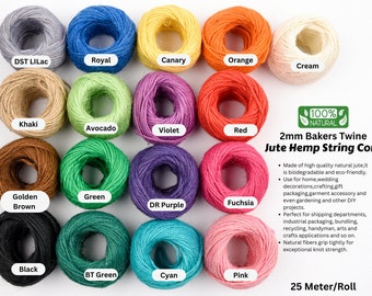 Puede incluir: Surtido de hilo de panadero de 2 mm en varios colores, incluyendo negro, verde, azul, rojo, naranja, morado, marrón y crema. El hilo está hecho de yute y cáñamo naturales, y es de 25 metros por rollo. 100% Natural.
