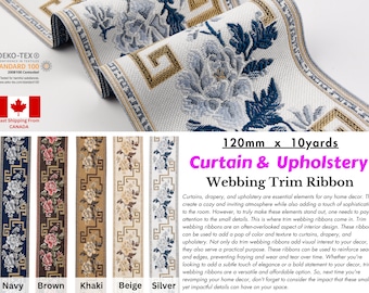 May include: A close-up of five samples of 120mm wide trim ribbon in navy, brown, khaki, beige, and silver. The ribbon has a floral pattern and a geometric border. The text "Curtain & Upholstery Webbing Trim Ribbon" is displayed below the samples.