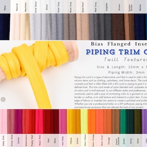 Piping Trim Cord Twill Textured, Bias  Flanged Insertion, Decorative Piping, Flanged Piping, Rope Trimmings, Upholstery Piping Cord