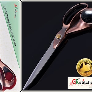 May include: 11 inch copper-toned tailoring scissors with a gold screw. The scissors are on a black background with a gold 100% satisfaction guarantee sticker and the text "Gkstitches Haberdashery".