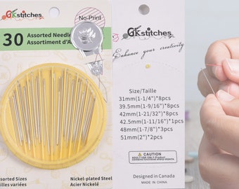 Assortiment d'aiguilles à coudre à la main avec enfileur : acier nickelé, 30 pièces