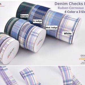 Peut inclure: Quatre bobines de ruban à carreaux en denim, en vert, indigo foncé, indigo moyen et blanc. Chaque bobine mesure 5 yards. Le ruban est en coton et est certifié Oeko-Tex Standard 100.