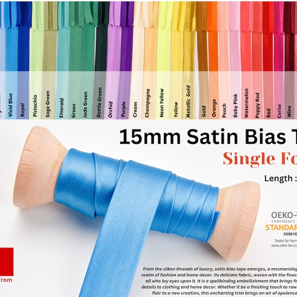 15 mm Satin Bias Tape/ Single Folded / 10 yards pack , Premium Satin Bias Tape, Binding tape, Satin trims, Bias trims, Satin edge trims