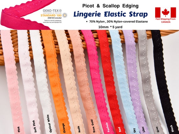 Lingerie Elastic Strap, Picot & Scallop Edging , Plush elastic back, Elastic for Bra and Lingerie Making, Picot Decorative Trim, 5 Yards pck