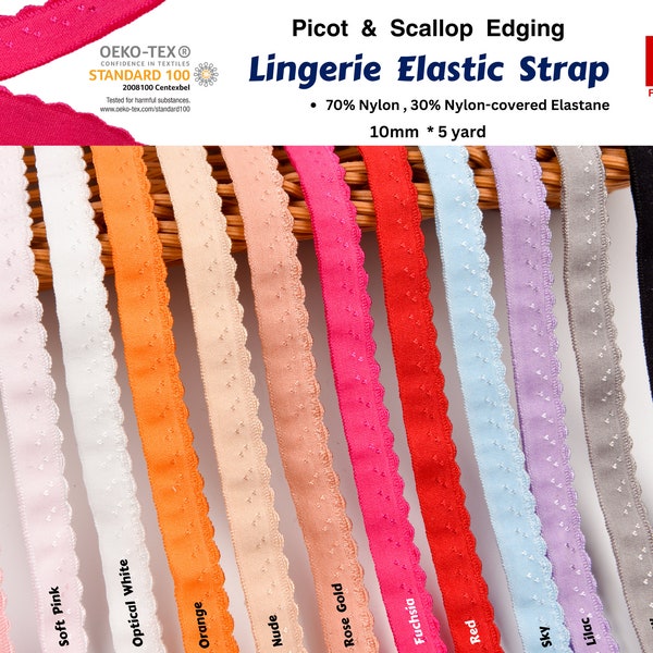 Bretelle élastique pour lingerie, bordure à picots et festons, dos élastique pelucheux, élastique pour soutien-gorge et lingerie, bordure décorative à picots, paquet de 5 mètres