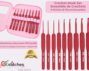 May include: A set of nine red crochet hooks with aluminum alloy hooks and TPR handles. The hooks are in a pink case and are labeled with their sizes in millimeters. The sizes are 2.0mm, 2.5mm, 3.0mm, 3.5mm, 4.0mm, 4.5mm, 5.0mm, 5.5mm, and 6.0mm.