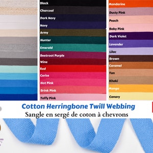 May include: Cotton herringbone twill webbing in 41 colors, available in two sizes: 10mm (13/32") and 20mm (25/32"). The webbing is shown in a light blue color.