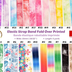 Könnte beinhalten: Eine Sammlung von 27 verschiedenen bunten elastischen Bandbändern mit umgeschlagenen bedruckten Designs. Die Bänder sind 15 mm breit und 5 Yards lang. Verfügbare Muster umfassen Blumen, Tropen, Batik und Uni.