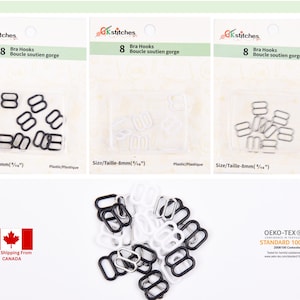 May include: A pack of 8 black bra hooks, 8 white bra hooks, and 8 silver bra hooks. The hooks are 8mm in size. The packaging says "Bra Hooks Boucle soutien gorge" and "Size/Taille-8mm (1/5"). The packaging also says "Plastic/Plastique" and "Alloy".