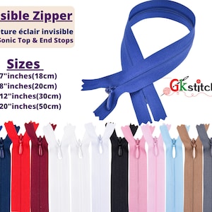 Può includere: Una selezione di cerniere invisibili in vari colori, tra cui blu, rosso, bianco, nero, rosa, azzurro, marrone, grigio e verde. Le cerniere sono lunghe 18 cm, 20 cm, 30 cm e 50 cm. Il testo "Invisible Zipper" e "Fermeture éclair invisible" è visibile nell'immagine.