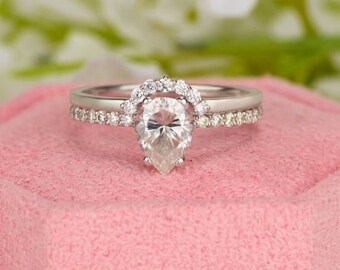 Pear Cut Moissanite Engagement Ring Set Teardrop Engagement Ring Set Moissanite Bridal Ring Set Moissanite Engagement Ring Set In White Gold