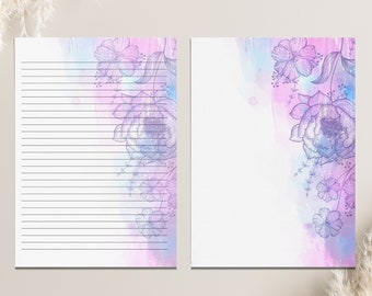 Floral Printable Stationary, Lined and Blank, Botanical Letter Writing Paper, Printable Note Pages, Printable Note Paper, US Letter Size