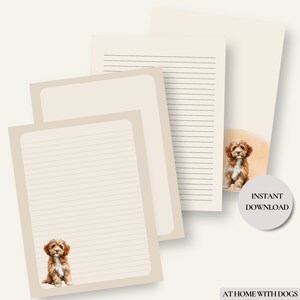 May include: Printable stationery featuring a brown and white doodle of a small dog sitting on a beige background. The text "INSTANT DOWNLOAD" is on a white circle with a beige border. The text "AT HOME WITH DOGS" is at the bottom of the page.