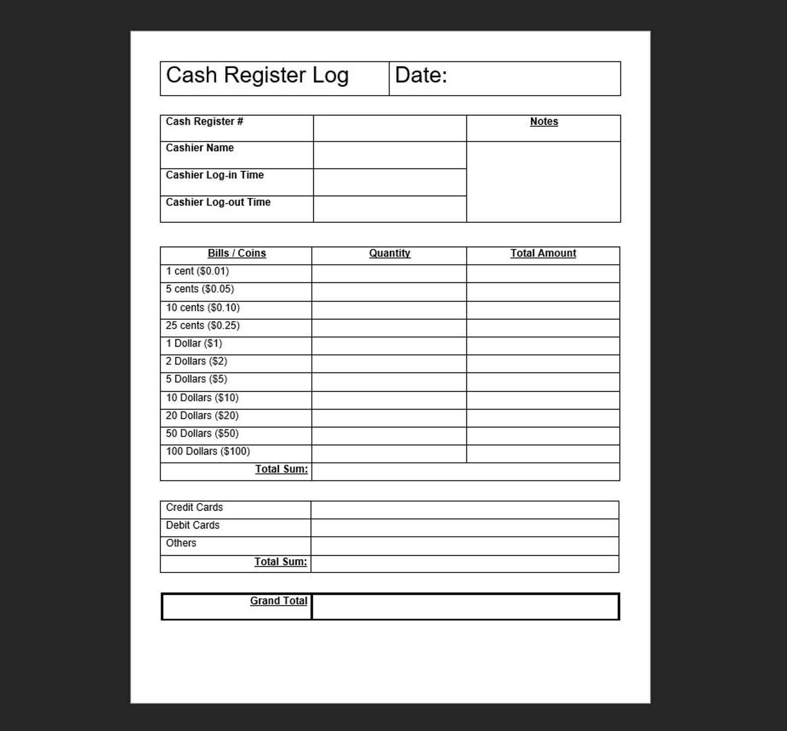 Cash Register Log Cash Registry Cash Log Petty Cash Money Log Closing