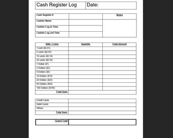 Cash Register Log | Cash Registry | Cash Log | Petty Cash | Money Log | Closing Cash Registry | Closing Cash Log | Business Cash | Cash