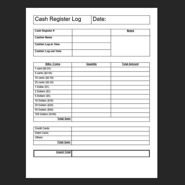 Cash Register Log | Cash Registry | Cash Log | Petty Cash | Money Log | Closing Cash Registry | Closing Cash Log | Business Cash | Cash