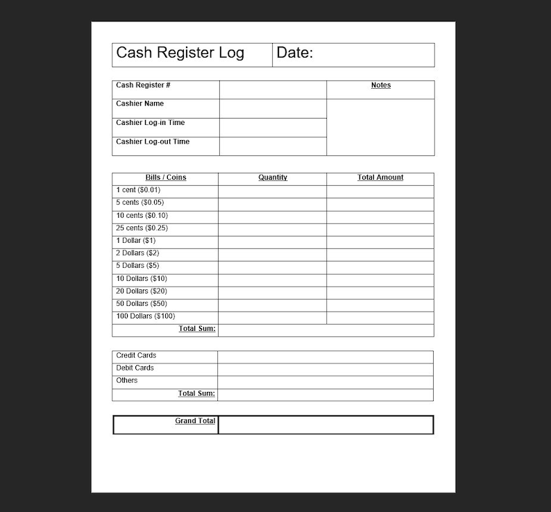 Cash Register Log Cash Registry Cash Log Petty Cash Money Log Closing