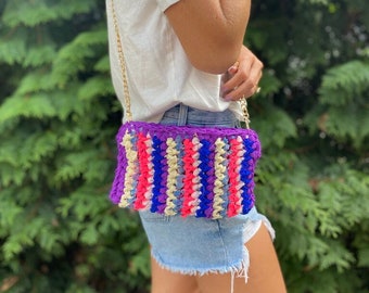 Colorful Crossbody; Crochet Rag Bag Crossbody; Mini Crossbody
