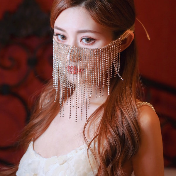 Tassel Rhinestone mask personality stage performance accessories bride half face handmade veil jewelry Internet celebrity