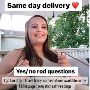 May include: A smiling person holds a rod, with text that reads "Same day delivery" and "Yes/ no rod questions." Additional text promotes live sessions and a TikTok page. The background includes greenery and a white railing.