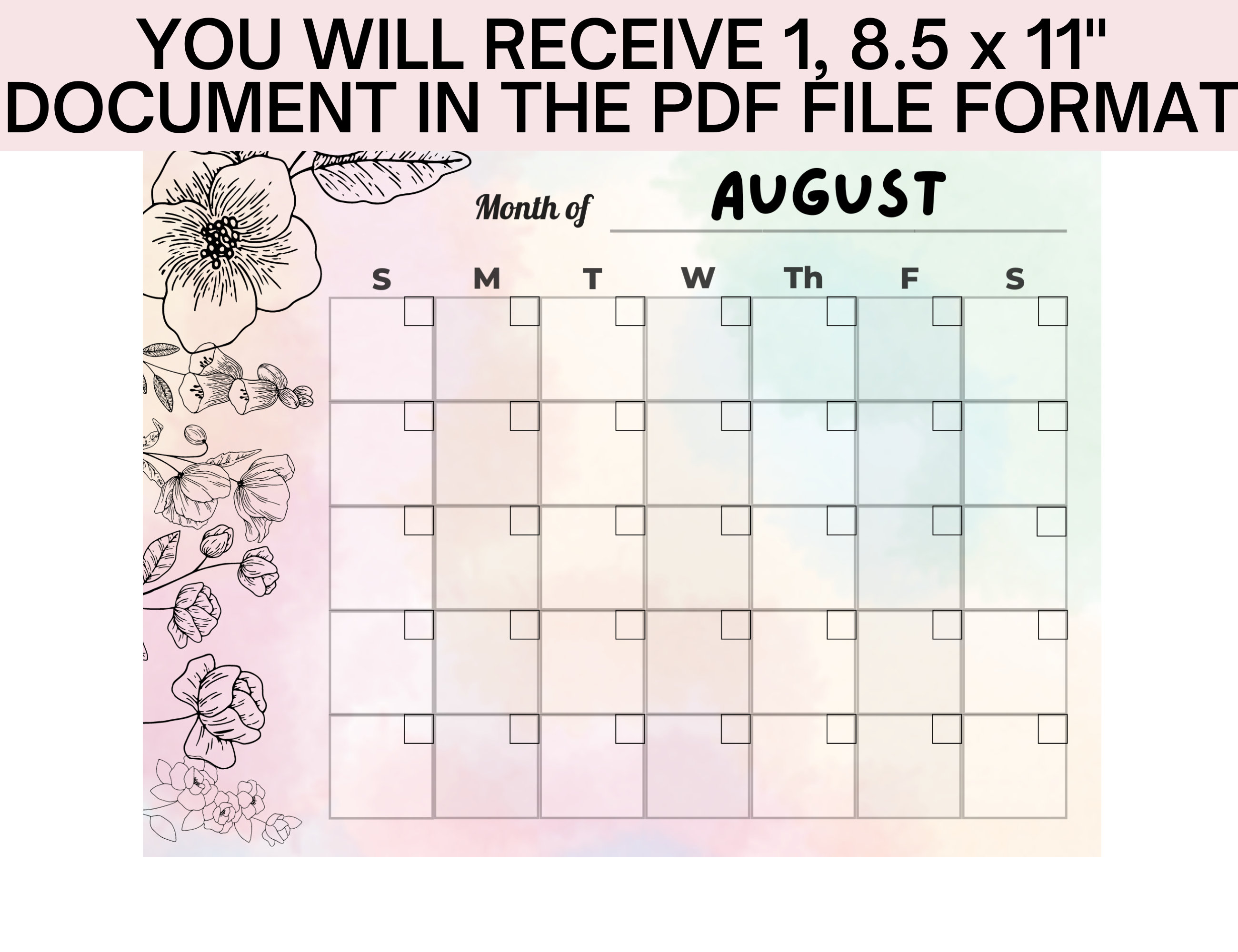Printable August Calendar - Etsy