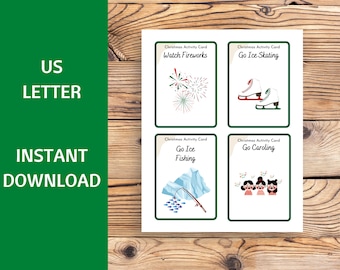 May include: Four printable Christmas activity cards with green borders. The cards feature illustrations of fireworks, ice skating, ice fishing, and carolers. Each card has the text "Christmas Activity Card" and the activity name.
