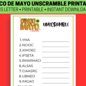 Fun Cinco De Mayo Unscramble Game Printable, Cinco De Mayo Word Scramble, Word Game, Mexican Party Games, Party Games for Kids & Adults,