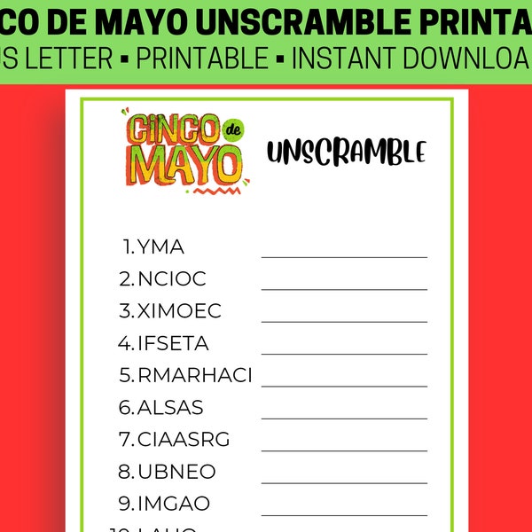 Fun Cinco De Mayo Unscramble Game Printable, Cinco De Mayo Word Scramble, Word Game, Mexican Party Games, Party Games for Kids & Adults,