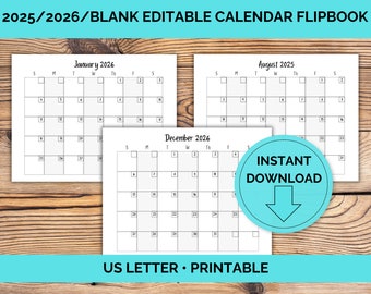 2025-2026 Editable Calendar Template, Printable Yearly Wall Calendar (Digital Download)