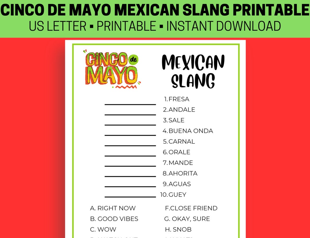 Cinco De Mayo Mexican Slang Game, Mexican Slang Trivia, Printable Game