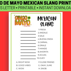Cinco De Mayo Mexican Slang Game, Mexican Slang Trivia, Printable Game, Adult Trivia Activity, Family Games