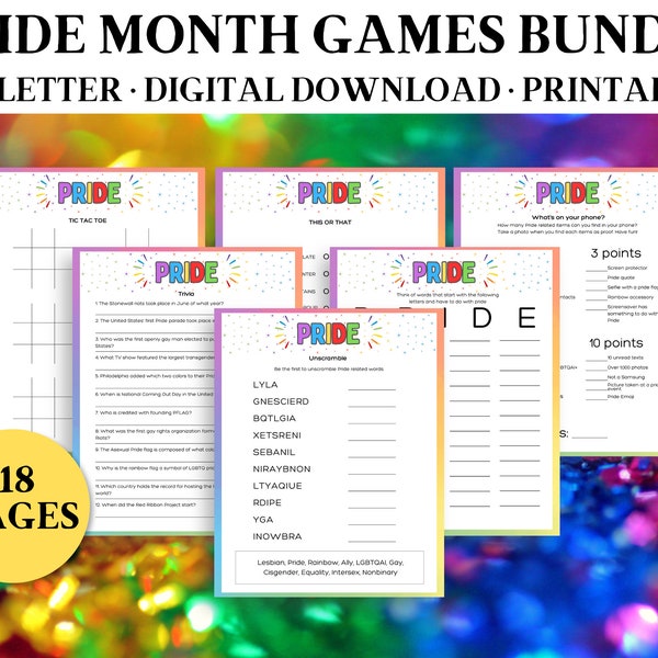 Paquete de 14 juegos del mes PRIDE imprimible, juego de fiesta del orgullo LGBTQ+, juego de banderas del orgullo, juego de fiesta de lesbianas gay arcoíris, divertido juego de orgullo imprimible
