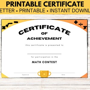 Pode incluir: Certificado de conquista imprimível com uma borda amarela e laranja. O certificado é para a participação em um concurso de matemática. O certificado tem um ícone de troféu e o texto "CERTIFICADO DE CONQUISTA".