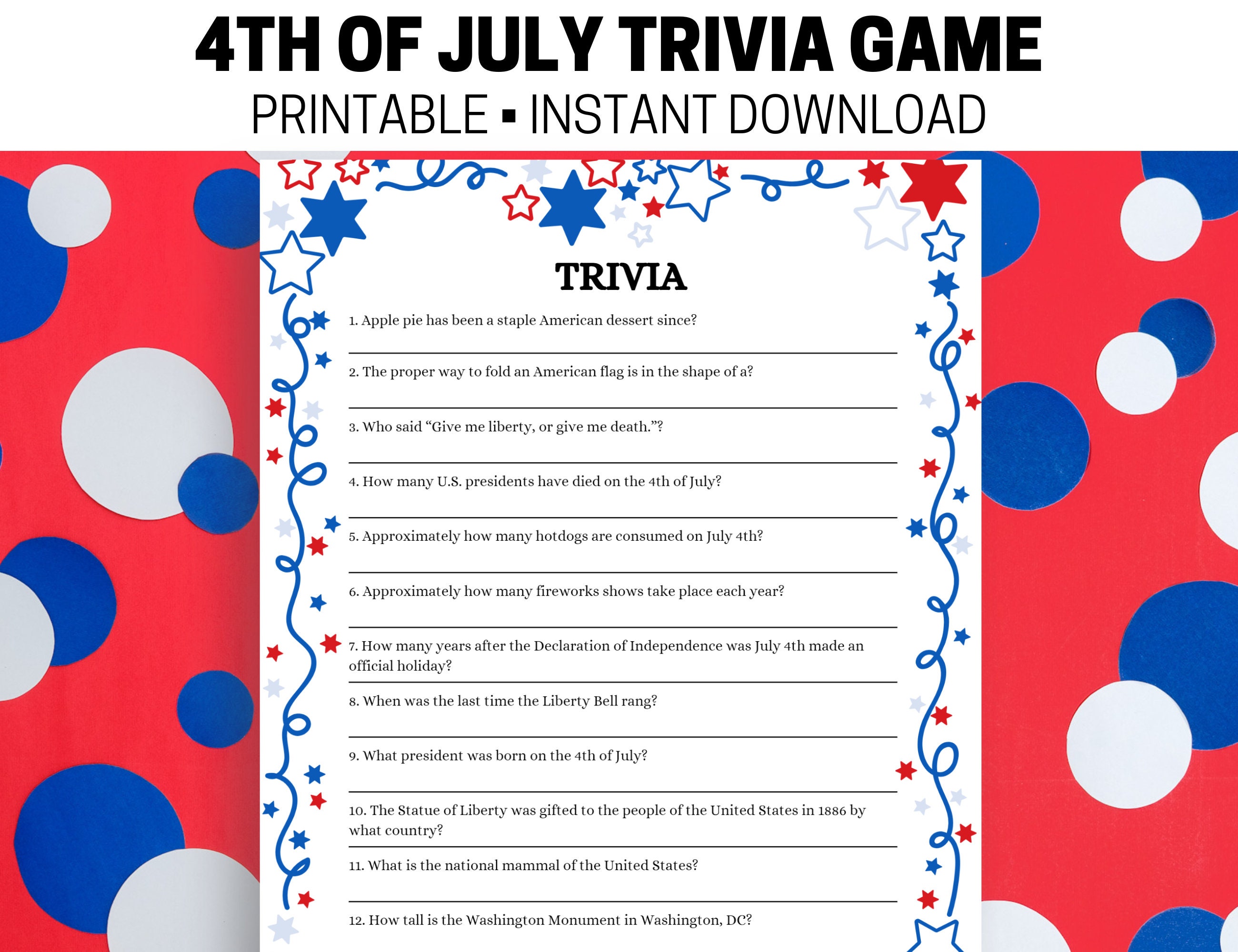 4th of July Trivia Game Printable, INSTANT DOWNLOAD, Independence Day ...