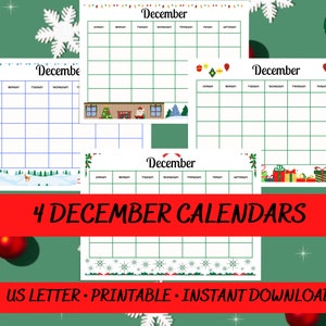 December Calendar Printables, Christmas Calendars, Month of December Calendars Printable