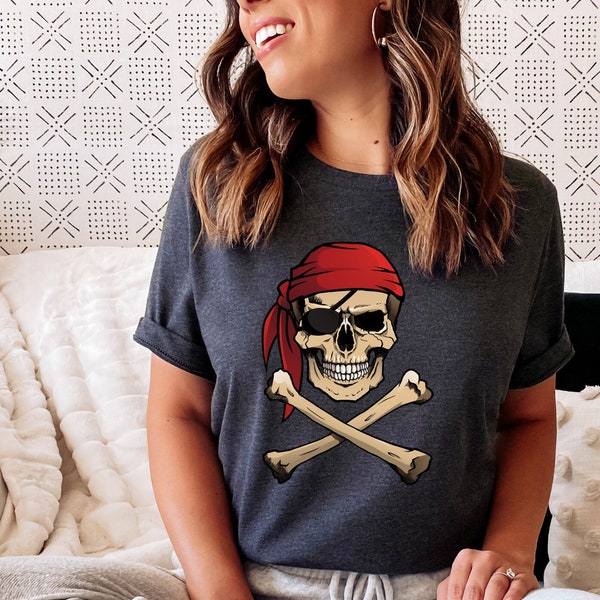 Jolly Roger Skull & Crossbones Shirt, Pirate Skull Shirt Jolly Roger Skull with Pirate Flag American Bandana Tee, Pirate T-shirt,