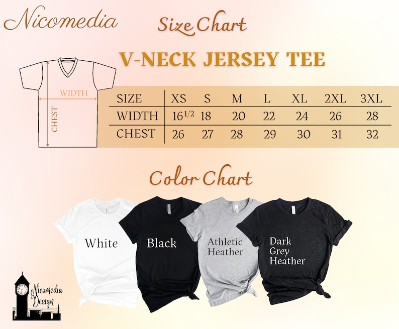 Puede incluir: Tabla de tallas para una camiseta de jersey de cuello en V, que muestra las medidas en pulgadas para el pecho y el ancho para las tallas XS a 3XL. La tabla de colores muestra cinco colores: blanco, negro, gris jaspeado atl&eacute;tico, gris jaspeado oscuro.