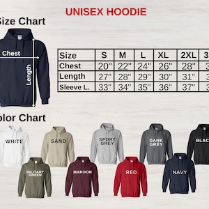 May include: Unisex hoodie size chart with measurements in inches for chest, length, and sleeve length. Color chart with 10 different color options for the hoodie.