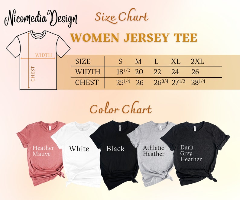 Puede incluir: Tabla de tallas para camisetas de jersey para mujer, que muestra las medidas en pulgadas para las tallas S, M, L, XL y 2XL. La tabla de colores muestra cinco colores diferentes: Heather Mauve, Blanco, Negro, Athletic Heather y Dark Grey Heather.