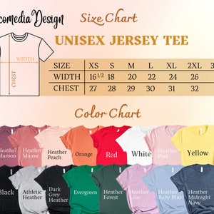 Puede incluir: Tabla de tallas para camiseta de jersey unisex con medidas en pulgadas para el pecho y el ancho. Carta de colores con 16 colores diferentes de camisetas, incluyendo granate jaspeado, malva jaspeado, melocot&oacute;n jaspeado, naranja, rojo, blanco, rosa jaspeado, amarillo, negro, gris jaspeado atl&eacute;tico, gris oscuro jaspeado, verde, bosque jaspeado, lila jaspeado, azul beb&eacute; jaspeado y azul marino jaspeado.